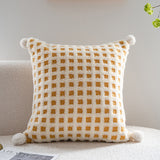 Darrahopens Home & Garden > Bedding > Pillowcases Beige and Yellow 3D Checkered Cushion Cover with Pom Poms - Soft Decorative Pillow Case for Sofa & Living Room (45x45cm, Cover Only)