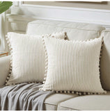 Darrahopens Home & Garden > Bedding > Pillowcases Red Soft Corduroy Cushion Cover Set (1 Square + 1 Rectangular) with Pom Pom Trim - Decorative Throw Pillow Cases for Sofa Couch