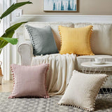 Darrahopens Home & Garden > Bedding > Pillowcases Red Soft Corduroy Cushion Cover Set (1 Square + 1 Rectangular) with Pom Pom Trim - Decorative Throw Pillow Cases for Sofa Couch
