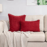 Darrahopens Home & Garden > Bedding > Pillowcases Red Soft Corduroy Cushion Cover Set (1 Square + 1 Rectangular) with Pom Pom Trim - Decorative Throw Pillow Cases for Sofa Couch