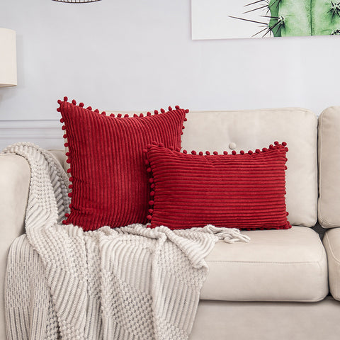 Darrahopens Home & Garden > Bedding > Pillowcases Red Soft Corduroy Cushion Cover Set (1 Square + 1 Rectangular) with Pom Pom Trim - Decorative Throw Pillow Cases for Sofa Couch