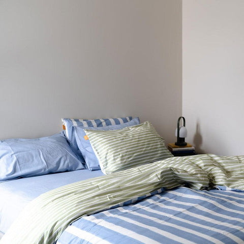 Darrahopens Home & Garden > Bedding > Quilts & Duvets 100% Cotton Duvet Quilt Cover Set w/ 2 Pillow Cases in Reversible Blue/Green/White Stripe - Super King