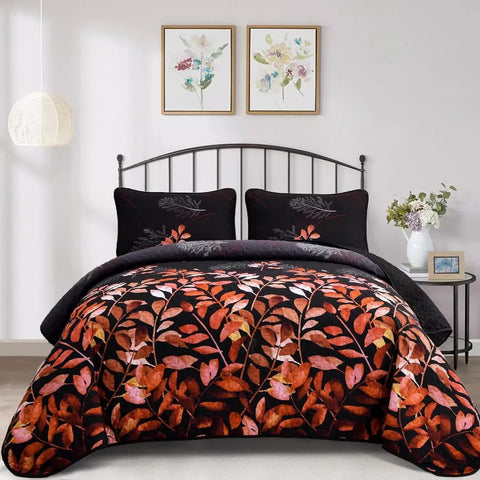 Darrahopens Home & Garden > Bedding > Quilts & Duvets Black and Red  Leaves Quilted Bedspread & Pillowcase Set