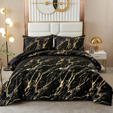 Darrahopens Home & Garden > Bedding > Quilts & Duvets Black Gold Metallic Marble Comforter Set, Queen/King Size, Foil Print Glitter 3-Piece Bedding