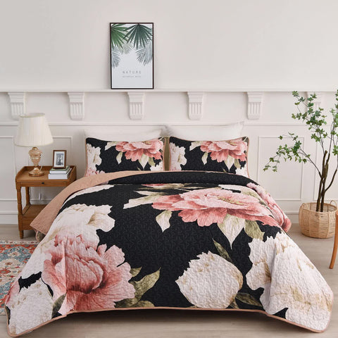 Darrahopens Home & Garden > Bedding > Quilts & Duvets Blossom Trio Quilted Coverlet Set with Pillowcases (Black, Red & Pink