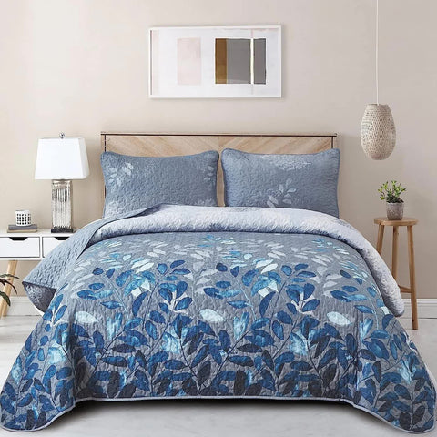 Darrahopens Home & Garden > Bedding > Quilts & Duvets Blue Garden Coverlet Set with Quilted Floral Pattern and Pillowcases