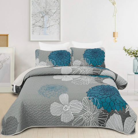 Darrahopens Home & Garden > Bedding > Quilts & Duvets Grey Azure Bloom Quilted Coverlet Bedspread Set with Pillow Covers