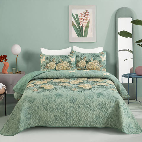 Darrahopens Home & Garden > Bedding > Quilts & Duvets Meadow Butterfly Green Quilted Bedspread Set with Floral Details and Pillowcases