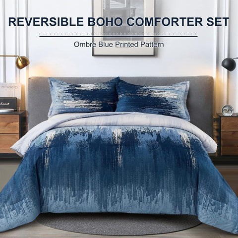 Darrahopens Home & Garden > Bedding > Quilts & Duvets Ombre Blue Comforter Set, Queen/King Size, Gradient Blue Grey 3-Piece Boho Bedding