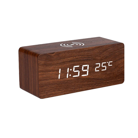 Darrahopens Home & Garden > Decor > Clocks Modern Wooden LED Desk Clock with Qi Charger
