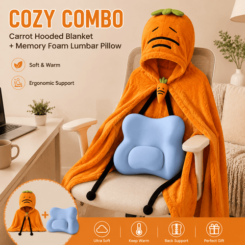 Darrahopens Home & Garden > Decor > Cushions & Throws Carrot Hooded Blanket with Blue Memory Foam Lumbar Support Pillow, Cozy Wearable Throw Blanket and Ergonomic Back Cushion Set for Office, Home, Study and Relaxation