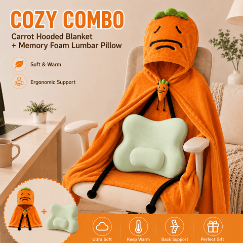 Darrahopens Home & Garden > Decor > Cushions & Throws Carrot Hooded Blanket with Grey-green Memory Foam Lumbar Support Pillow, Cozy Wearable Throw Blanket and Ergonomic Back Cushion Set for Office, Home, Study and Relaxation