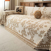 Vintage Jacquard Chenille One-Piece Sofa Cover Throw with Tassel Edging - Reversible Furniture Protector Decorative Blanket for All-Season Use, 180 X 420CM Ivory & Brown Floral In Australia - Darrahopens