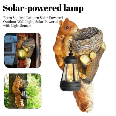 Darrahopens Home & Garden > Decor > Garden Ornaments Retro Squirrel Lantern Solar-Powered Outdoor Wall Light, Solar-Powered with Light Sensor, Outdoor Garden and Courtyard Wall Decor, Balcony and Tree-Mounted Ambiance Night Light, Courtyard Statue and Ornament