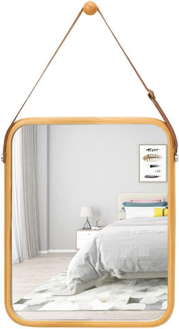 Darrahopens Home & Garden > Decor > Mirrors CARLA HOME Hanging Wall Mirror with Bamboo Frame with Adjustable Leather Strap for Bathroom, Bedroom, Vanity or Entryway (40x33 cm)