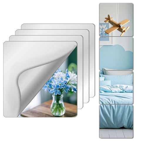 Darrahopens Home & Garden > Decor > Mirrors Shatterproof Acrylic Mirror Tiles – 4-Pack Wall Stickers for Kids, Home Gym, Bedroom & Bathroom, Easy Peel-and-Stick Decorative Mirrors with Double-Sided Tape (Silver,16" x 16")