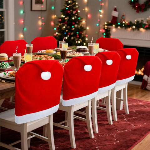 Darrahopens Home & Garden > Decor > Vases & Table Decor 16-piece Christmas chair set-holiday red Christmas hat pattern, suitable for holiday dinners and party decorations, including 8 chair sets and 8 tableware sets, reusable, durable fabric, suitable for Christmas, New Year, Valentine's Day and party activiti