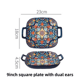 Darrahopens Home & Garden > Decor > Vases & Table Decor 9-Inch Underglaze Ceramic Square Serving Plate with Dual Handles (Baroque) - Microwave and Oven Safe Pasta & Fruit Tray