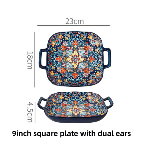 Darrahopens Home & Garden > Decor > Vases & Table Decor 9-Inch Underglaze Ceramic Square Serving Plate with Dual Handles (Baroque) - Microwave and Oven Safe Pasta & Fruit Tray