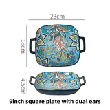 Darrahopens Home & Garden > Decor > Vases & Table Decor 9-Inch Underglaze Ceramic Square Serving Plate with Dual Handles (Glandot Style) - Microwave and Oven Safe Pasta & Fruit Tray