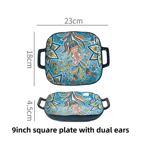 Darrahopens Home & Garden > Decor > Vases & Table Decor 9-Inch Underglaze Ceramic Square Serving Plate with Dual Handles (Glandot Style) - Microwave and Oven Safe Pasta & Fruit Tray
