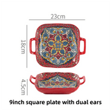 Darrahopens Home & Garden > Decor > Vases & Table Decor 9-Inch Underglaze Ceramic Square Serving Plate with Dual Handles (Isdir Style) - Microwave and Oven Safe Pasta & Fruit Tray