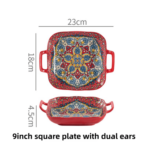 Darrahopens Home & Garden > Decor > Vases & Table Decor 9-Inch Underglaze Ceramic Square Serving Plate with Dual Handles (Isdir Style) - Microwave and Oven Safe Pasta & Fruit Tray