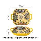 Darrahopens Home & Garden > Decor > Vases & Table Decor 9-Inch Underglaze Ceramic Square Serving Plate with Dual Handles (Mirror Sunlight Style) - Microwave and Oven Safe Pasta & Fruit Tray