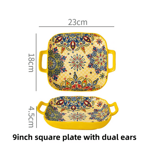 Darrahopens Home & Garden > Decor > Vases & Table Decor 9-Inch Underglaze Ceramic Square Serving Plate with Dual Handles (Mirror Sunlight Style) - Microwave and Oven Safe Pasta & Fruit Tray