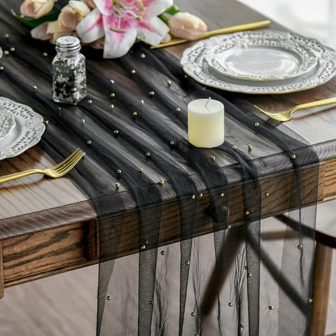 Darrahopens Home & Garden > Decor > Vases & Table Decor Black Table Veil with White Pearls - Silky Gauze 30x120 Inches - For Weddings, Parties & Table Decorations