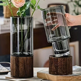 Darrahopens Home & Garden > Decor > Vases & Table Decor Black wood base vase, cylindrical glass vase, home decor vase, flower vase, high quality vase, Australian home decor, modern vase, natural wood vase