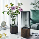 Darrahopens Home & Garden > Decor > Vases & Table Decor Black wood base vase, cylindrical glass vase, home decor vase, flower vase, high quality vase, Australian home decor, modern vase, natural wood vase