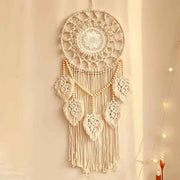 Bohemian Handwoven Wooden Bead Leaf Round Tapestry: Cotton Lace Hollow Tassel, Natural Healing Wall Decoration/sandy beige In Australia - Darrahopens