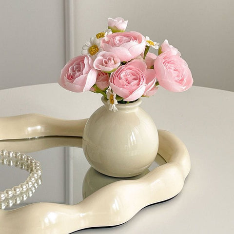 Darrahopens Home & Garden > Decor > Vases & Table Decor Ceramic Vase with camellia bud Artificial Flowers Set – Mini Decorative Pot for Home Living Room or Desk Display
