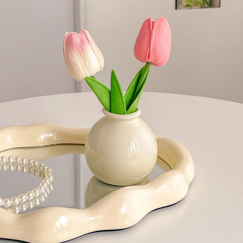 Darrahopens Home & Garden > Decor > Vases & Table Decor Ceramic Vase with Tulip Artificial Flowers Set – Mini Decorative Pot for Home Living Room or Desk Display