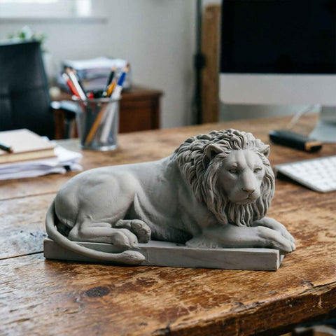 Darrahopens Home & Garden > Decor > Vases & Table Decor Classic Reclining Lion Sculpture Minimalist Grey Plaster Desk Ornament for Living Room, Study, or Office Decoration
