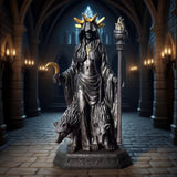 Darrahopens Home & Garden > Decor > Vases & Table Decor Dark Mystical Goddess Ornament — wearing a golden ray-like headdress, her face hidden beneath a dark robe, with a cross necklace adding to the mysterious aura. She holds a crescent moon prop in one hand and a flaming torch scepter tightly in the other.
