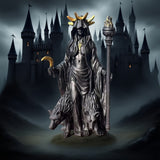 Darrahopens Home & Garden > Decor > Vases & Table Decor Dark Mystical Goddess Ornament — wearing a golden ray-like headdress, her face hidden beneath a dark robe, with a cross necklace adding to the mysterious aura. She holds a crescent moon prop in one hand and a flaming torch scepter tightly in the other.
