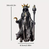 Darrahopens Home & Garden > Decor > Vases & Table Decor Dark Mystical Goddess Ornament — wearing a golden ray-like headdress, her face hidden beneath a dark robe, with a cross necklace adding to the mysterious aura. She holds a crescent moon prop in one hand and a flaming torch scepter tightly in the other.