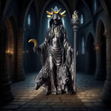 Darrahopens Home & Garden > Decor > Vases & Table Decor Dark Mystical Goddess Ornament — wearing a golden ray-like headdress, her face hidden beneath a dark robe, with a cross necklace adding to the mysterious aura. She holds a crescent moon prop in one hand and a flaming torch scepter tightly in the other.