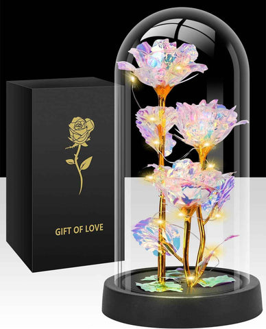 Darrahopens Home & Garden > Decor > Vases & Table Decor Eternal Blue Rose in Glass Dome with LED Lights, Romantic Forever Flower Gift for Valentine’s Day Anniversary Mother’s Day Birthday (Purple)