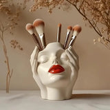 Darrahopens Home & Garden > Decor > Vases & Table Decor Gazing Muse — "Hands-on Beauty" Resin Brush Holder with Sculpted Bust Design.1 Piece Elegant Resin Makeup Brush Holder with Red Lips Design - Lightweight Synthetic Cosmetics Organizer Box, Standalone Desktop Storage Case for Bathroom or Dressing Table