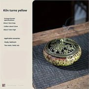 Darrahopens Home & Garden > Decor > Vases & Table Decor Glaze-transmutation ceramic incense burner with retro copper lid, fireproof mat, and incense coil holder. Suitable for various incense types, ideal for creative home decor and festive gifting.(Kiln yellowing）