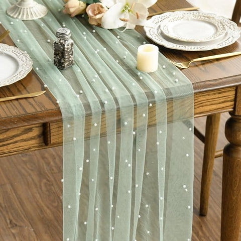 Darrahopens Home & Garden > Decor > Vases & Table Decor Light Green Table Veil with White Pearls - Silky Gauze 30x120 Inches - For Weddings, Parties & Table Decorations