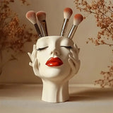 Darrahopens Home & Garden > Decor > Vases & Table Decor Lip's Whisper, Light's Embrace" — Sculptural Resin Vanity Brush Holder with Red Accent.1 Piece Elegant Resin Makeup Brush Holder with Red Lips Design - Lightweight Synthetic Cosmetics Organizer Box, Standalone Desktop Storage Case for Bathroom or Dressing