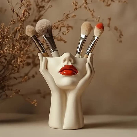 Darrahopens Home & Garden > Decor > Vases & Table Decor Lip's Whisper, Light's Embrace" — Sculptural Resin Vanity Brush Holder with Red Accent.1 Piece Elegant Resin Makeup Brush Holder with Red Lips Design - Lightweight Synthetic Cosmetics Organizer Box, Standalone Desktop Storage Case for Bathroom or Dressing