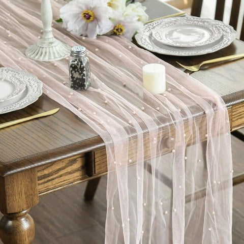Darrahopens Home & Garden > Decor > Vases & Table Decor Pink Table Veil with White Pearls - Silky Gauze 30x120 Inches - For Weddings, Parties & Table Decorations