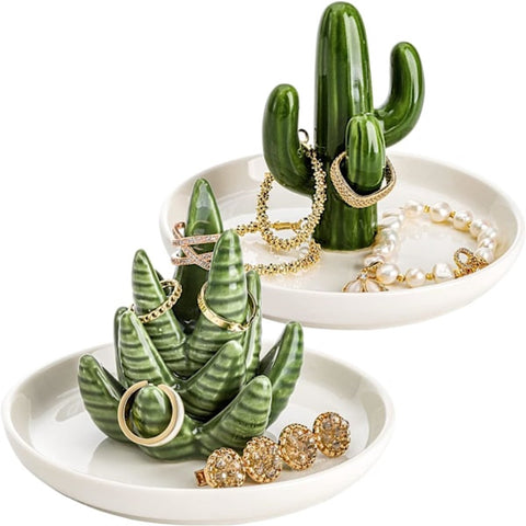 Darrahopens Home & Garden > Decor > Vases & Table Decor Two-Piece Jewelry Display Set - Aloe Vera and Cactus Ring Organizer Set - Ceramic - Jewelry Organizer - Bracelet, Earring, and Necklace Organizer with Leaf Decorations - Decorative Items