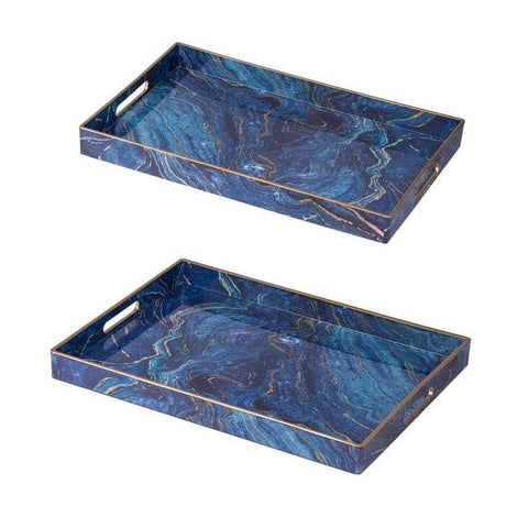 Darrahopens Home & Garden > DIY > Kitchen & Bathroom DIY Set 2 Marble Patterned Blue Rectangular Trays 48cm