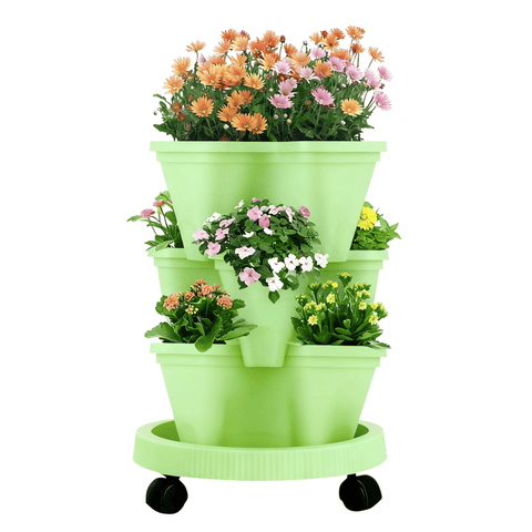 Darrahopens Home & Garden > Garden Beds > Garden Beds & Planters Green 3-Tier Stackable Strawberry & Vegetable Planter with Mobile Wheel Tray - Space-Saving Vertical Gardening System